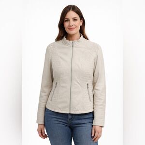 LA Coalition Cream Quilted Moto Jacket Faux Leather Size L